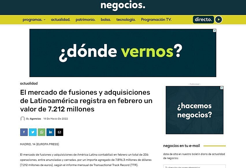 El mercado de fusiones y adquisiciones de Latinoamrica registra en febrero un valor de 7.212 millones